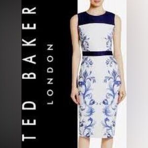 Ted Baker Navy and Off-White Floral & Scroll Patterned Midi Dress